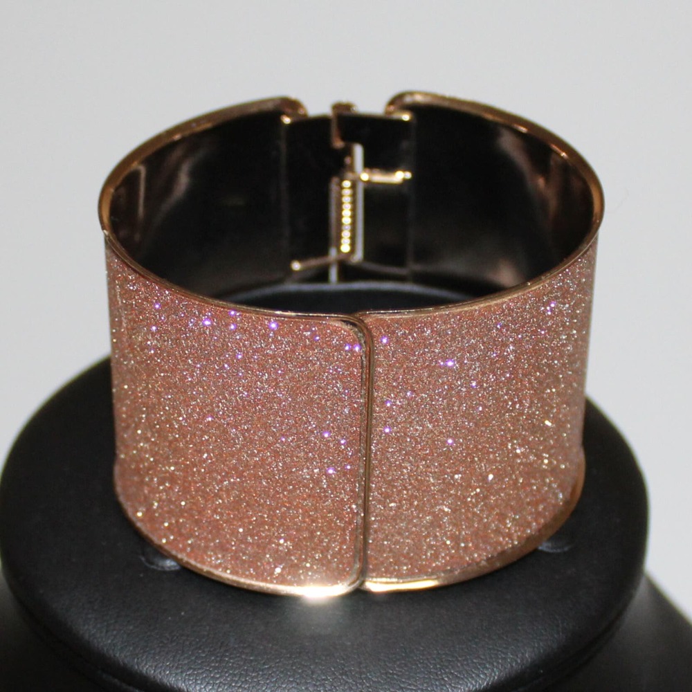 Rose Gold Tone Glitter Wide Spring Cuff Bangle Bracelet BarbieCore Glitzy